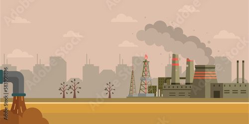 Environment pollution and ecology disaster. Factory air and water pollution. Power plant air pollution or industry factory. Smoke and air pollution. Industrial plant clouds of smoke, smog and fog