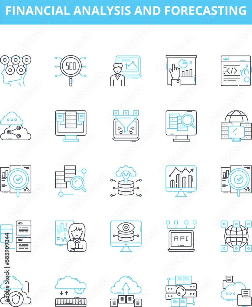 Financial analysis and forecasting vector line icons set. Financial, Analysis, Forecasting, Investment, Ratios, Budgeting, Planning illustration outline concept symbols and signs Financial analysis and forecasting vector line icons set. Financial, Analysis, Forecasting, Investment, Ratios, Budgeting, Planning illustration outline concept symbols and signs