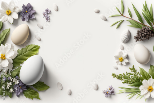Easter frame and decor with copy space on a white background. Illustration generated by AI.