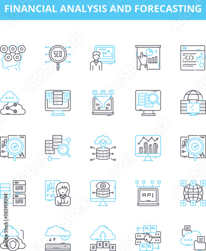 Financial analysis and forecasting vector line icons set. Financial, Analysis, Forecasting, Investment, Ratios, Budgeting, Planning illustration outline concept symbols and signs