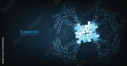 Concept of Teamwork and cooperation. Strategy for success. jigsaw digital technology blue on dark blue background. puzzle connect achievement low poly wireframe.	