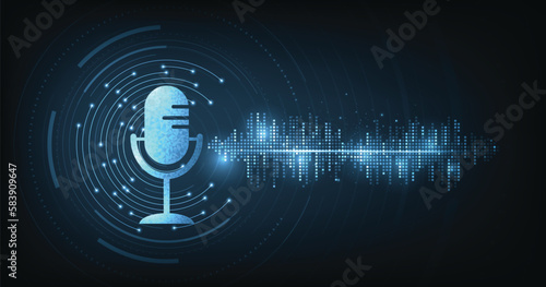 Illustration of Podcast icon with circle vector background. Podcast logo, Microphone icon on dark blue background.	
