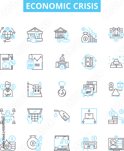 Economic crisis vector line icons set. Economy, Crisis, Recession, Inflation, Deflation, Bankruptcy, Unemployment illustration outline concept symbols and signs
