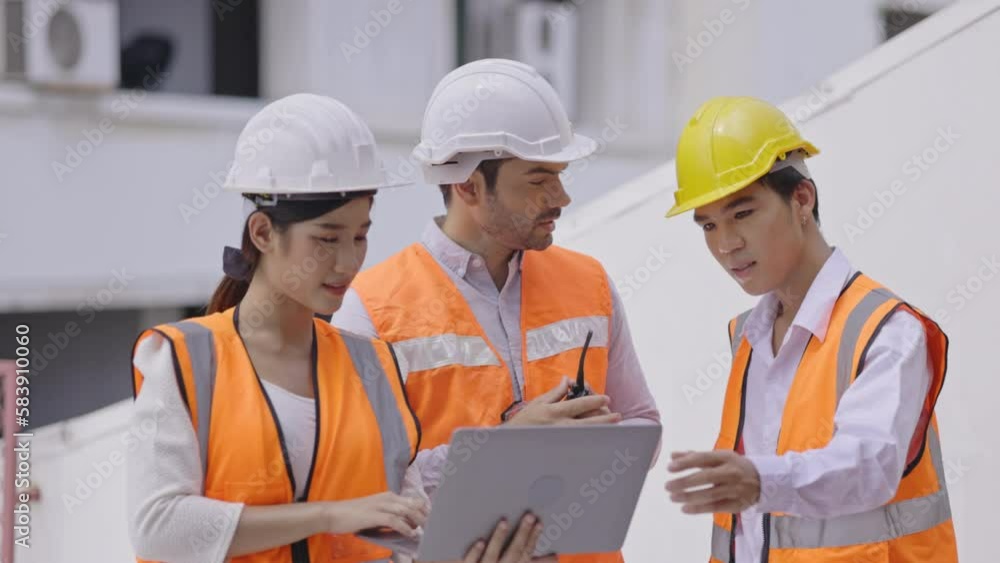 team of civil engineers is working to inspect the building. and environment. Professional teamwork. Wearing a helmet during work team of civil engineers is working to inspect the building. and environment. Professional teamwork. Wearing a helmet during work