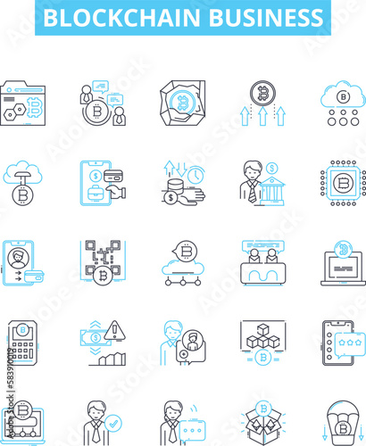Blockchain business vector line icons set. blockchain, business, cryptocurrency, smart-contract, transaction, mining, decentralized illustration outline concept symbols and signs