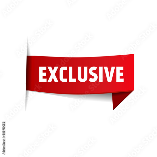 Banner red ribbon exclusive design template. Flat vector illustration isolated on white background.