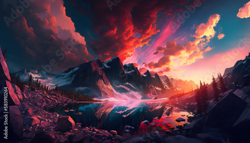 Colorful sunshine landscape with mountains. Generative AI