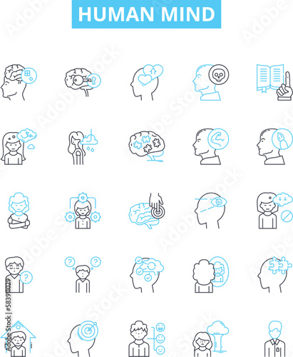 Human mind vector line icons set. Thought, Intellect, Psychoanalysis, Consciousness, Cognition, Memory, Imagination illustration outline concept symbols and signs