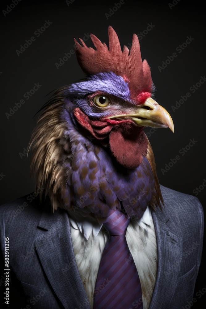 A funny chicken dressed in a business suit is isolated on a plain background. Generative AI