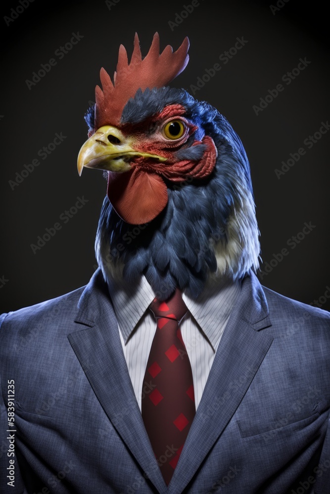 A funny chicken dressed in a business suit is isolated on a plain background. Generative AI