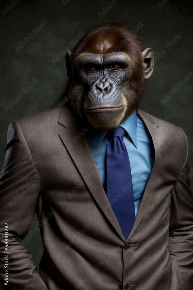 Fototapeta premium A funny monkey dressed in a business suit isolated on a plain background. Generative AI