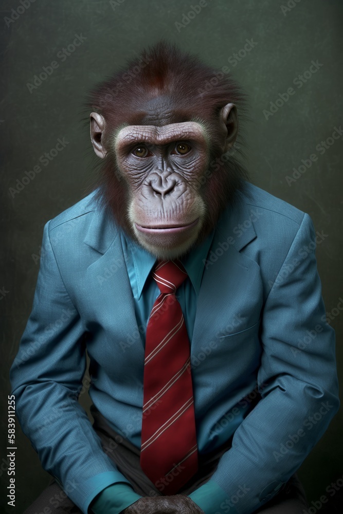 A funny monkey dressed in a business suit isolated on a plain background. Generative AI A funny monkey dressed in a business suit isolated on a plain background. Generative AI