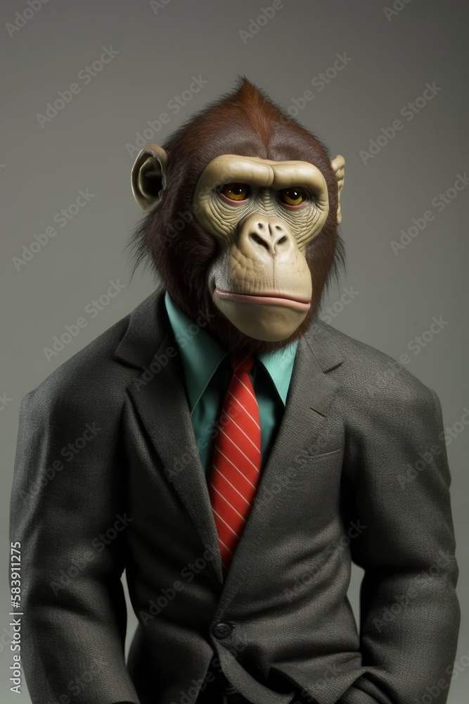 A funny monkey dressed in a business suit isolated on a plain background. Generative AI A funny monkey dressed in a business suit isolated on a plain background. Generative AI