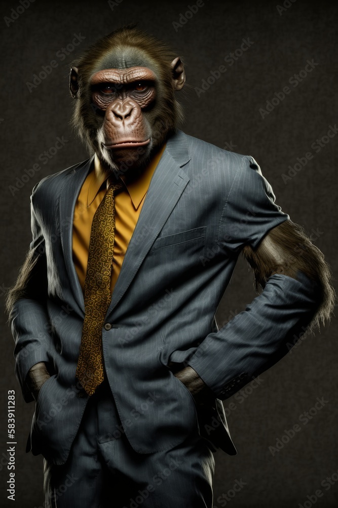 A funny monkey dressed in a business suit isolated on a plain background. Generative AI A funny monkey dressed in a business suit isolated on a plain background. Generative AI