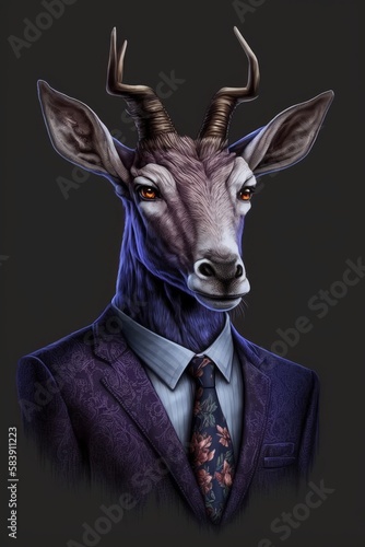 A funny deer dressed in a business suit is isolated on a plain background. Generative AI © kenchiro168
