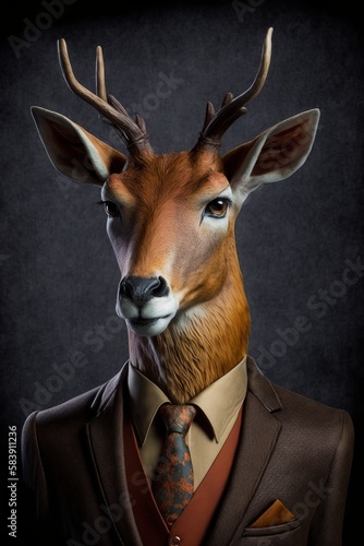 A funny deer dressed in a business suit is isolated on a plain background. Generative AI © kenchiro168
