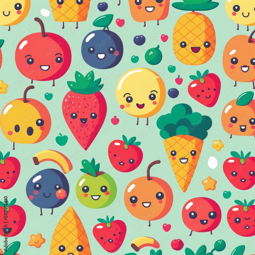 A whimsical pattern featuring various kawaii-styled food items. Generative AI A whimsical pattern featuring various kawaii-styled food items. Generative AI