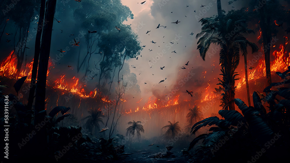 Tropical Amazon forest on fire with thick black smoke and ashes covering the sky. Burning rainforest. Generative AI
