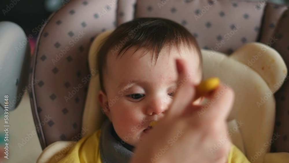 Healthy food. Cute baby girl face. beautiful a baby eats dirty. Healthy
