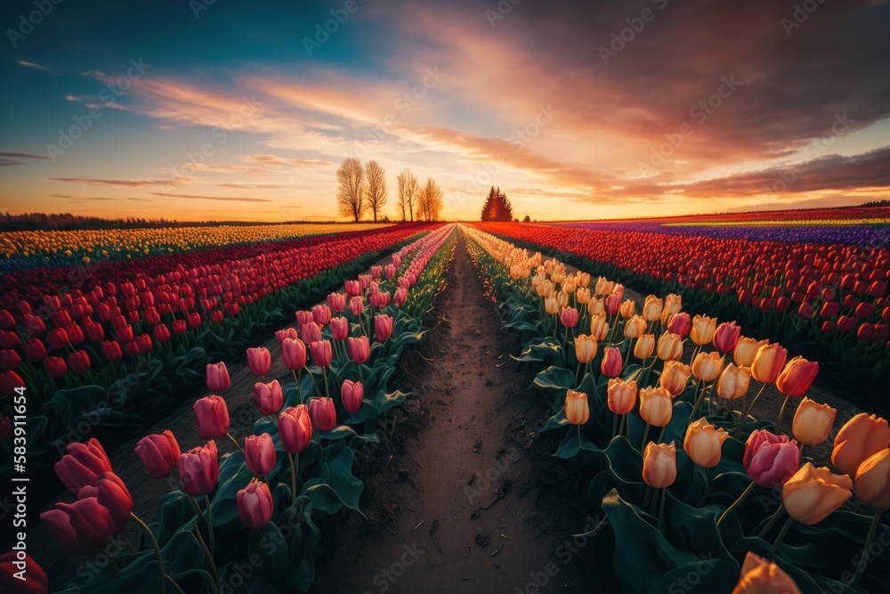 Fototapeta premium An image of a tulip field at golden hour just before sunset. Generative AI