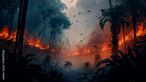 Tropical Amazon forest on fire with thick black smoke and ashes covering the sky. Burning rainforest. Generative AI