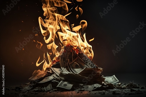 Image of a pile of money on fire: Symbolic of the devaluation of currency due to inflation.  Generative AI photo