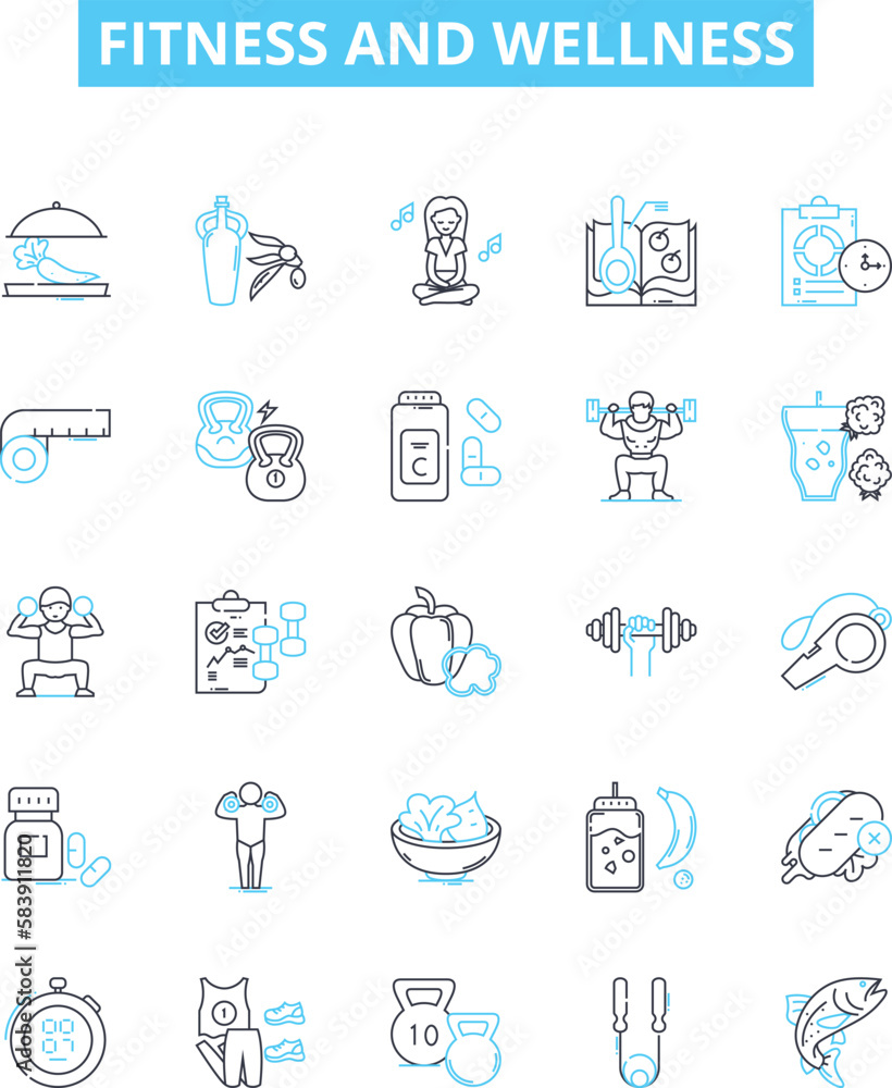 Fitness and wellness vector line icons set. Fitness, Wellness, Exercise, Health, Nutrition, Weight, Strength illustration outline concept symbols and signs