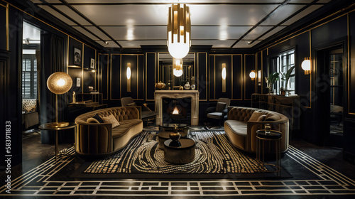 Modern luxurious lounge loft metal hotel gold black and white colors, glamourous and warm mood in luxure during the day - Generative AI