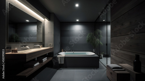 Minimalist modern luxurious bathroom in a big city  urban environment indoor  late night in Tokyo - Generative AI