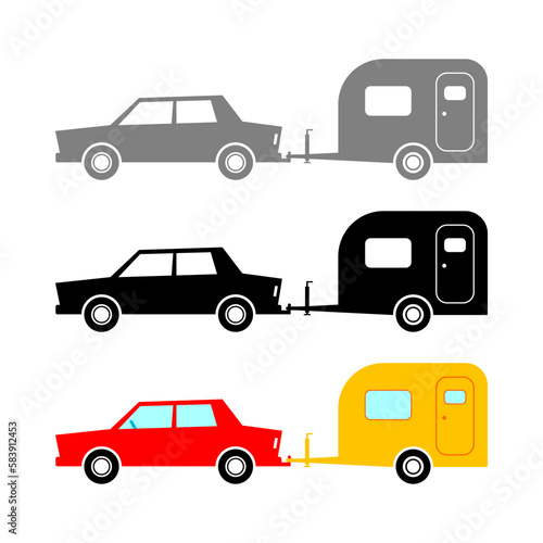 Car with caravan, vector icons on white background.