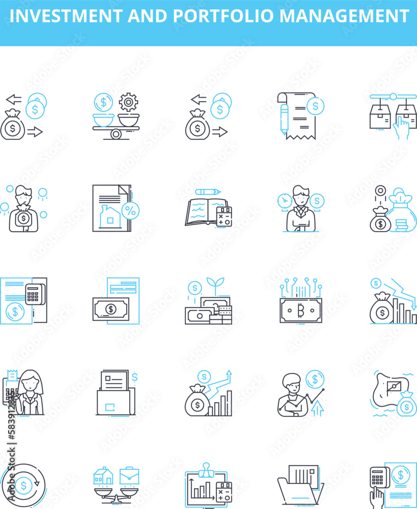 Investment and portfolio management vector line icons set. Investment, Portfolio, Management, Asset, Equity, Fixed income, Alternative illustration outline concept symbols and signs Investment and portfolio management vector line icons set. Investment, Portfolio, Management, Asset, Equity, Fixed income, Alternative illustration outline concept symbols and signs