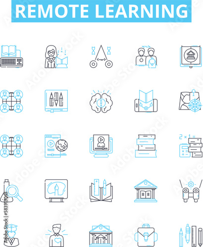 Remote learning vector line icons set. Remote, Learning, Online, Education, Teleclass, Videoconferencing, Webinar illustration outline concept symbols and signs