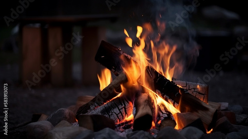 Nahaufnahme Lagerfeuer draussen im 16:9 Format. Holz, Flammen und Feuer. Generative Ai.