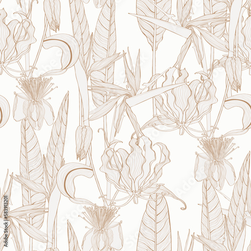Tropical Leaves and Floral Background - Fire Lily tropical Flowers - Seamless Pattern. Cosmetic, perfumery and medical plant.