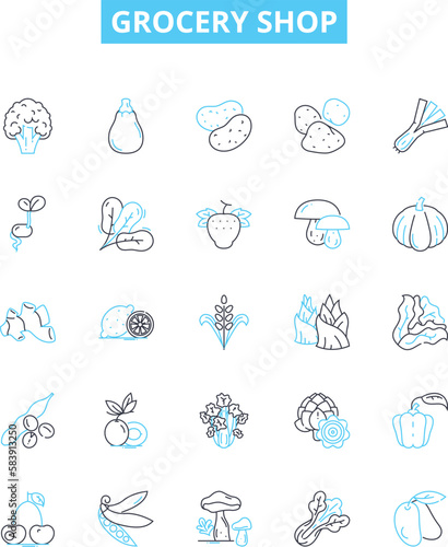 Grocery shop vector line icons set. Grocer, Market, Store, Produce, Provision, Supply, Provisioner illustration outline concept symbols and signs