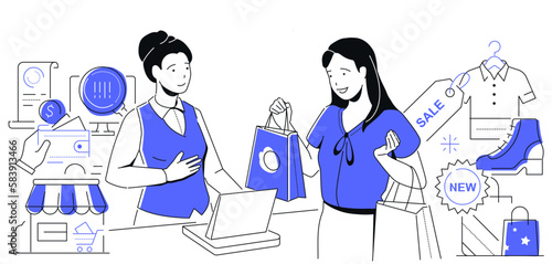 Girl shopping - modern colorful line design style illustration