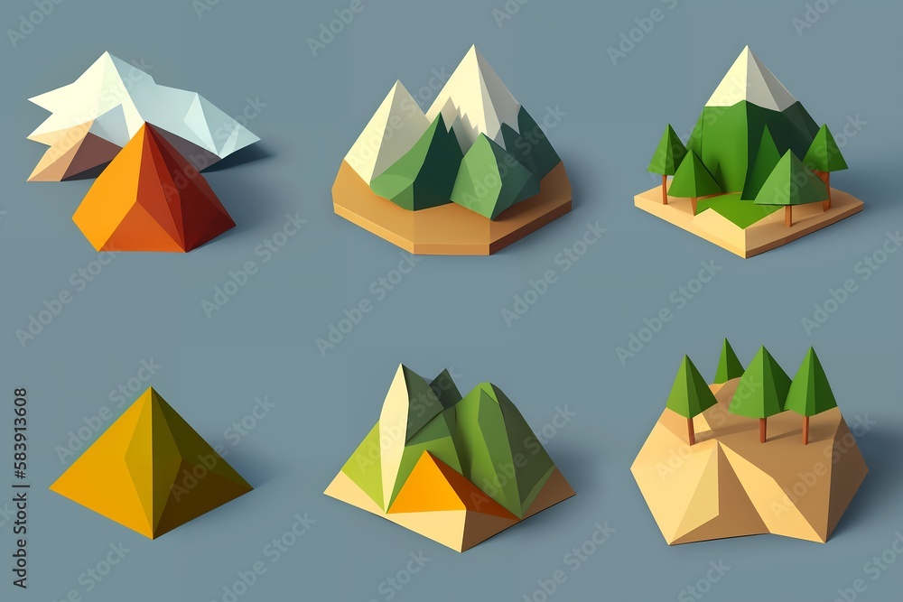 mountains and trees illustration. Low poly design elements
