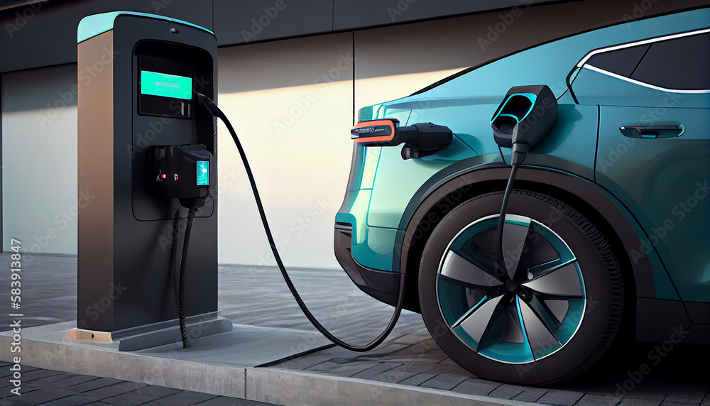 EV Car or Electric vehicle at charging station with the power cable pump supply plugged, car fueling station connected power, alternative sustainable eco energy, Generative AI EV Car or Electric vehicle at charging station with the power cable pump supply plugged, car fueling station connected power, alternative sustainable eco energy, Generative AI