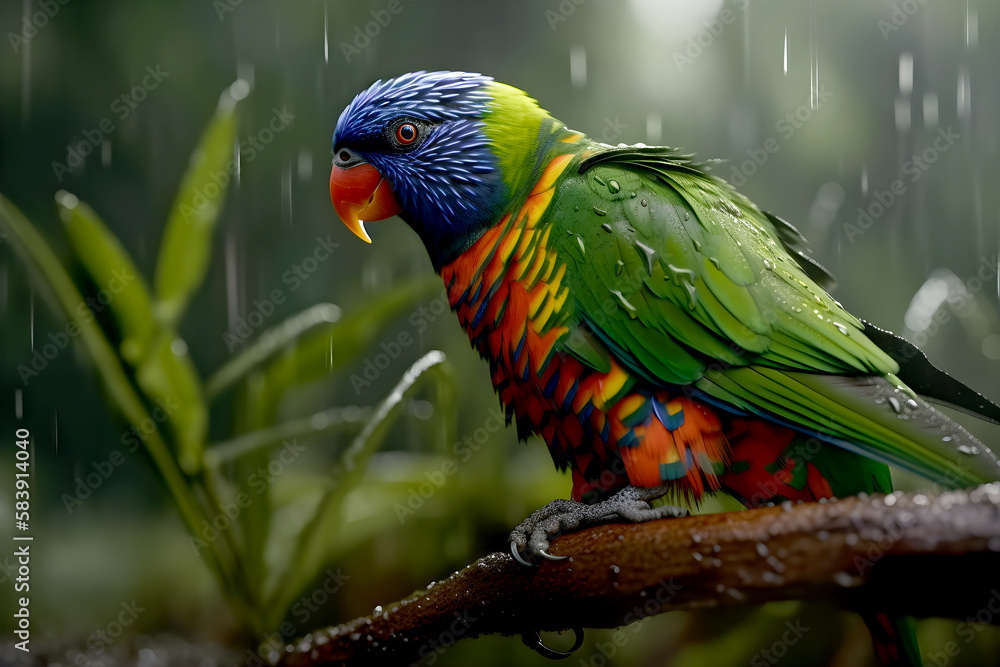 Obraz premium Lorikeet in rainforest at a rainy day - Generative AI