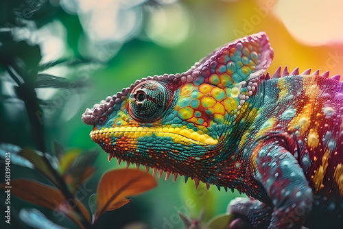 Colorful chameleon in rainforest - Generative AI
