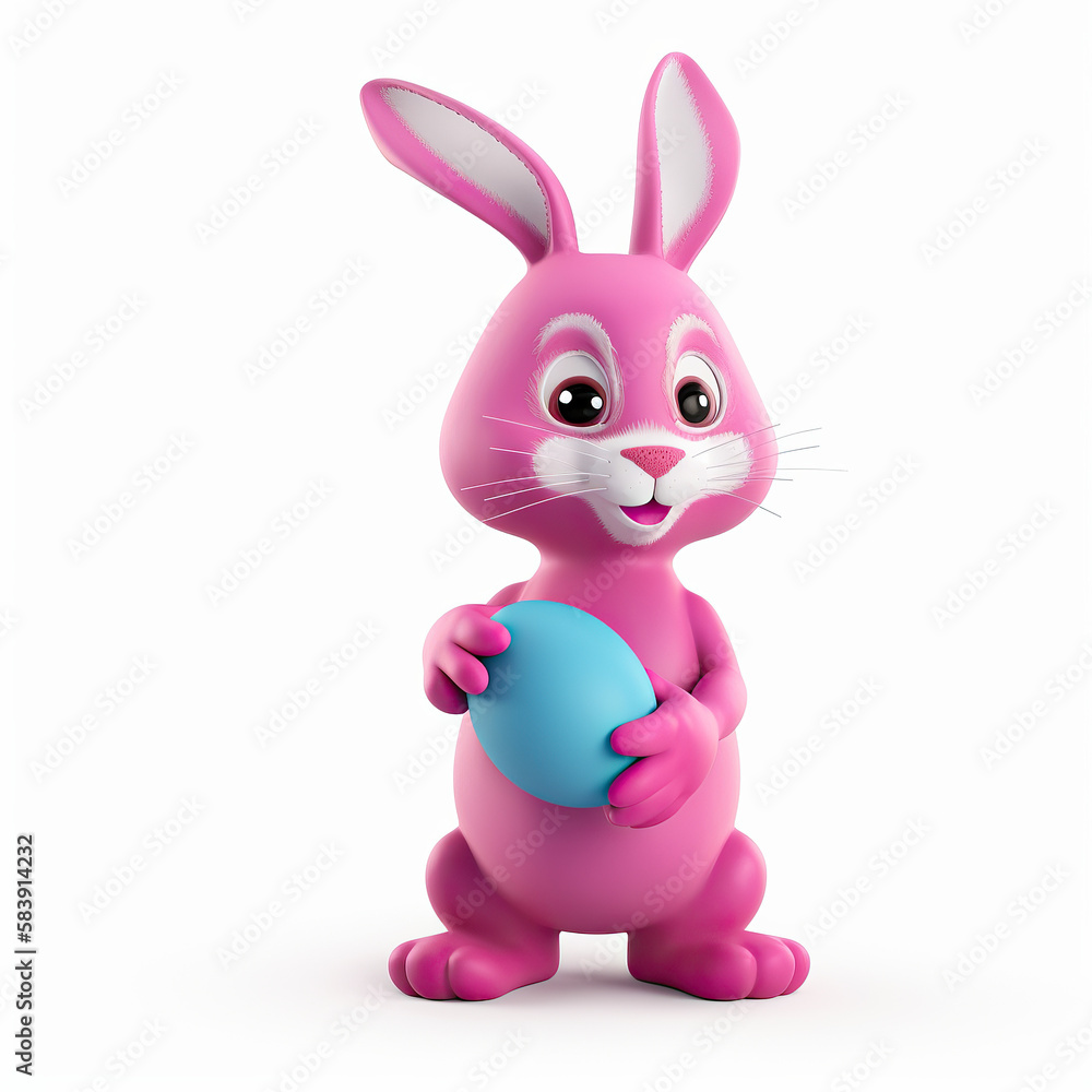 Obraz premium happy pink easter bunny holding a blue easter egg