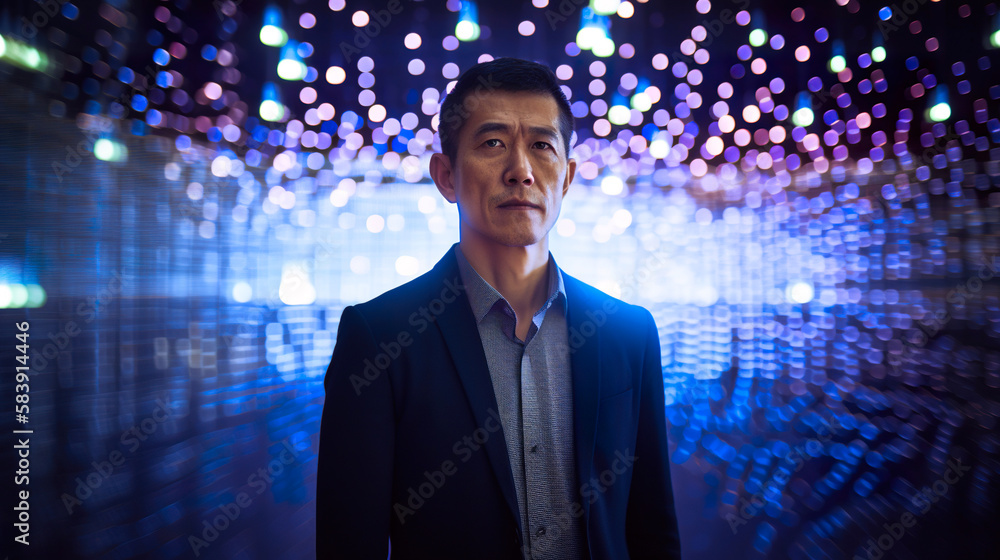 Fototapeta premium Oriental, chinese businessman, engineer, developer in front of complex glowing network, AI generative