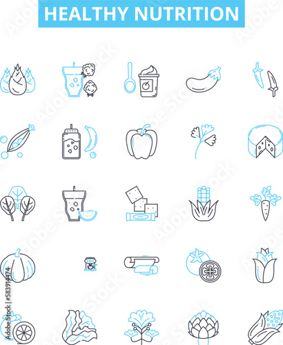 Healthy nutrition vector line icons set. Nutrition, Healthy, Diet, Balanced, Vegetables, Fruits, Grains illustration outline concept symbols and signs