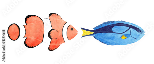 watercolor tropical fishes- clown fish, dory fish, tang, fauna. For decoration, design, poster, postcard invitation prints menu