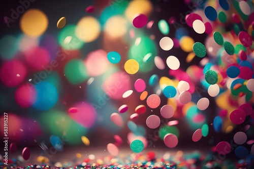 Colorful confetti in front of colorful background with Bokeh. Generative AI