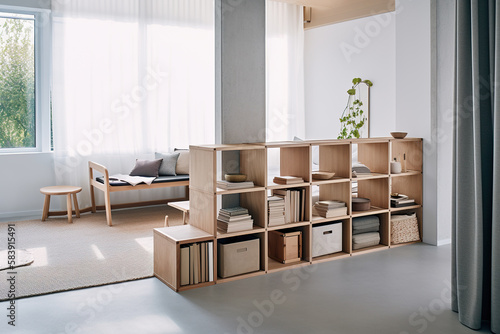 Interior, simple minimal loft studio flat with light wooden shelf divider, muji style, AI generative photo