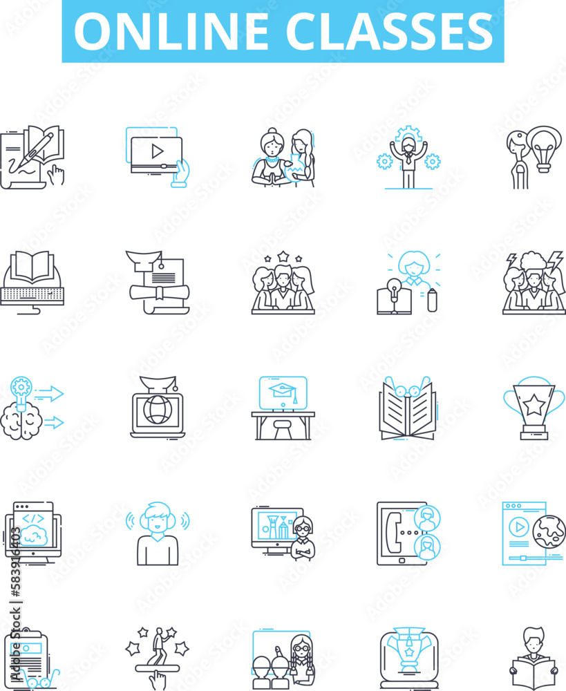 Online classes vector line icons set. Online, Classes, Learning, eLearning, Remote, Virtual, Webinars illustration outline concept symbols and signs