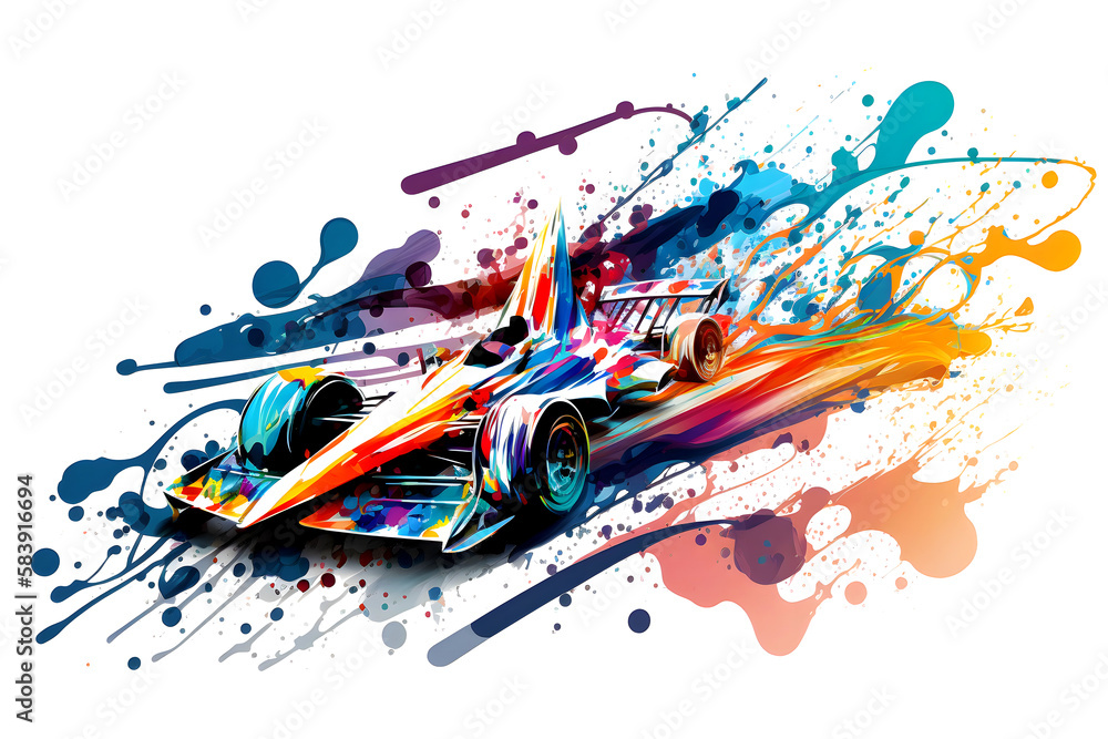 formula one race red car on watercolor rainbow splash, isolated on ...