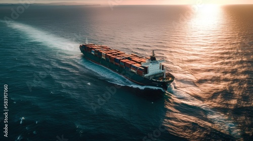 Aerial top view of a container cargo ship at sea. Maritime transportation industry. Global commerce, efficient logistics, and international trade. Supply chain and freight operations. Generative AI