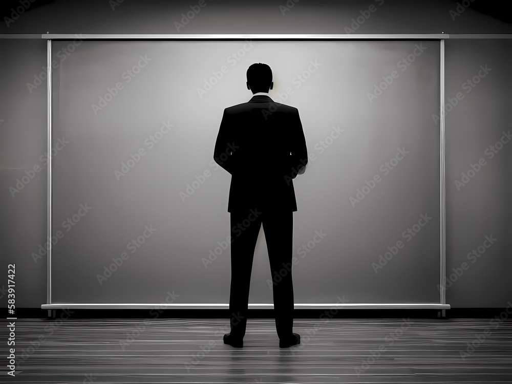 Fototapeta premium A man in a suit standing in front of a large blackboard or whiteboard, generative ai
